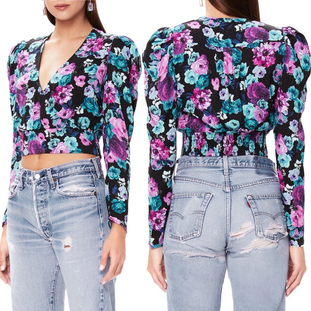 AFRM Liza Rose Surplice Crop Top Blouse Black Floral V Neck Black Long Sleeve XS